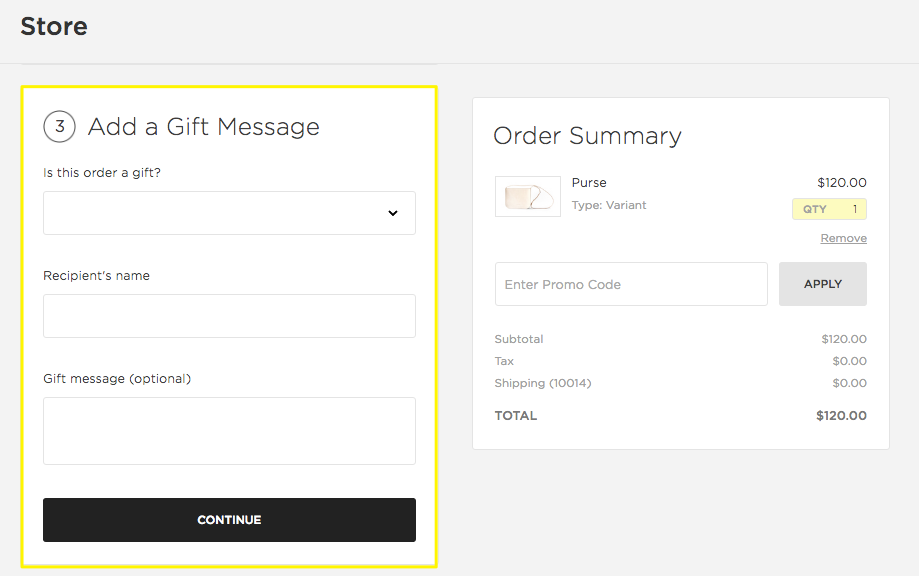 Yellow box "Add gift message"