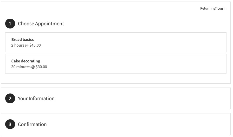 Booking screen: showing three options