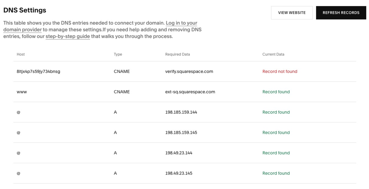 Squarespace DNS settings table