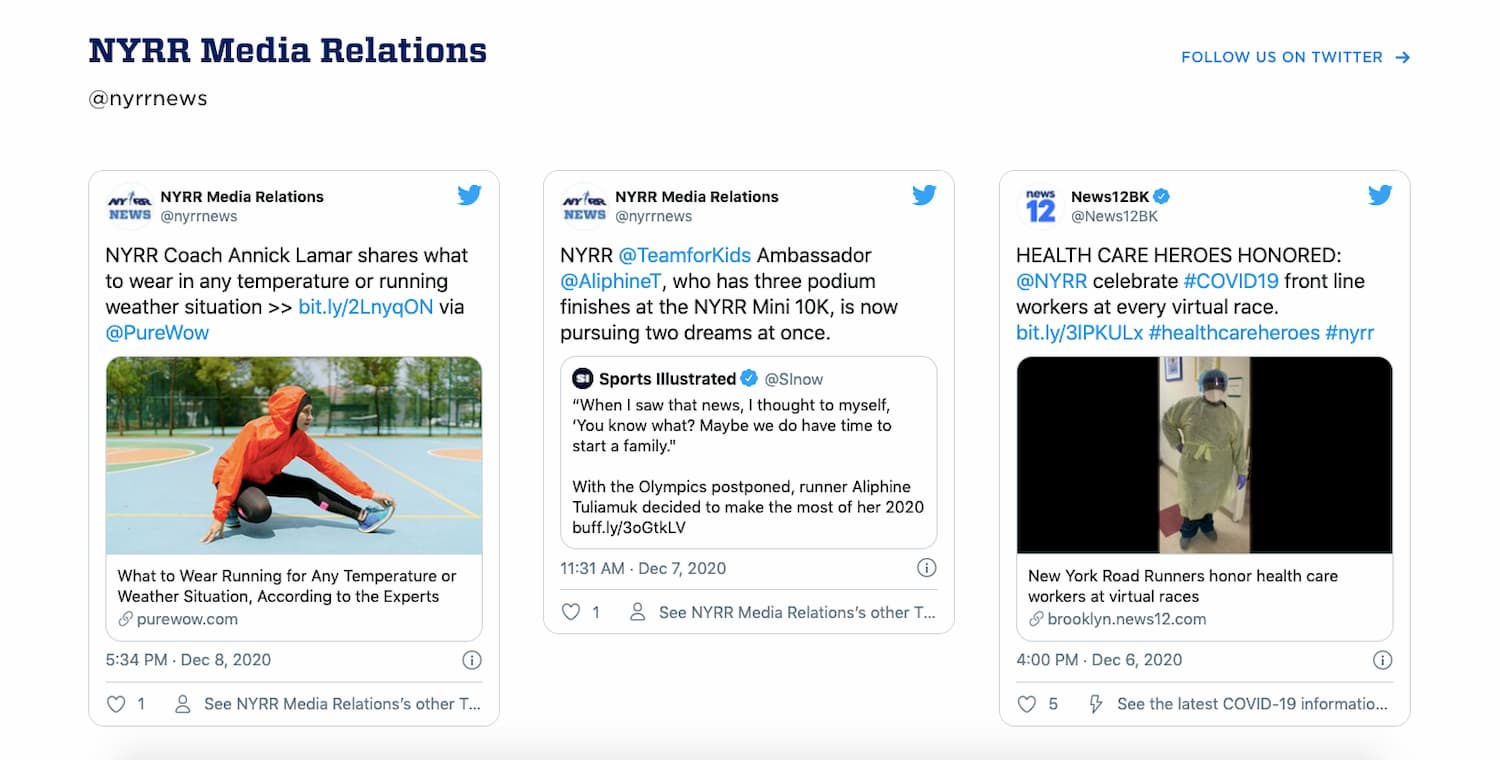 NYRR website embedded Twitter content