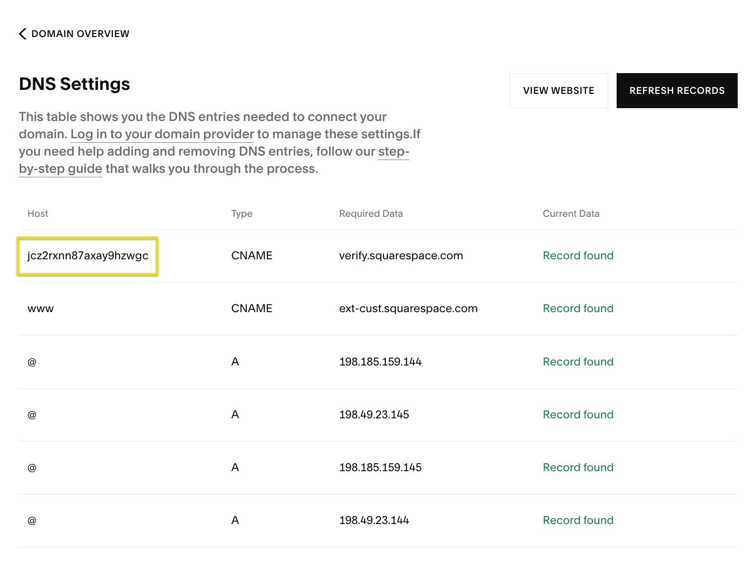 DNS settings in Squarespace panel