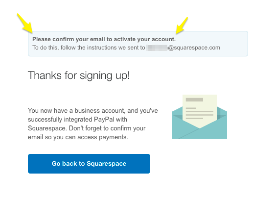 Confirmation email sent on Squarespace