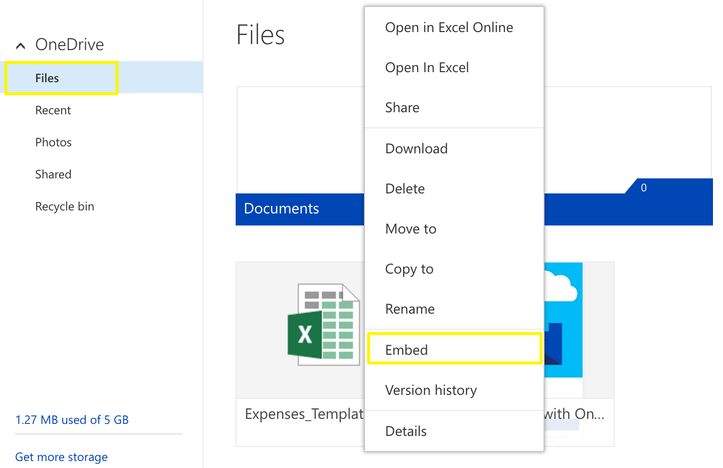 OneDrive menu with "Embed" option selected