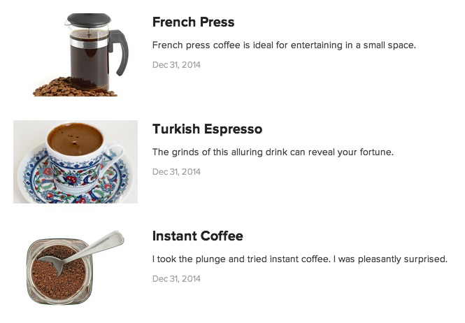 Screenshot of coffee drink menu