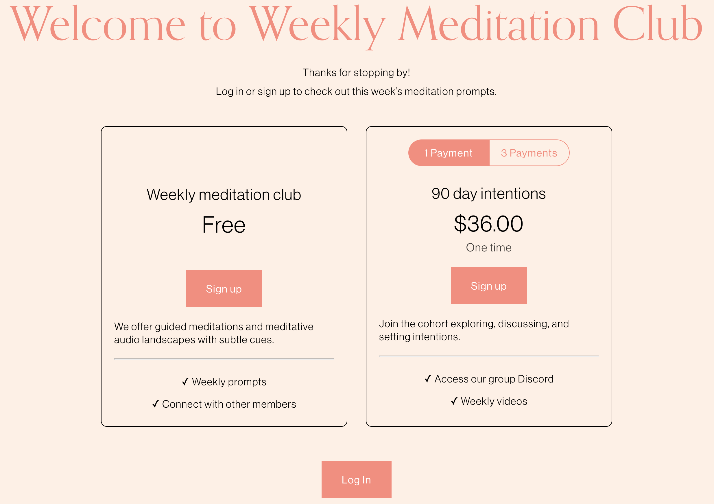 Weekly meditation login page