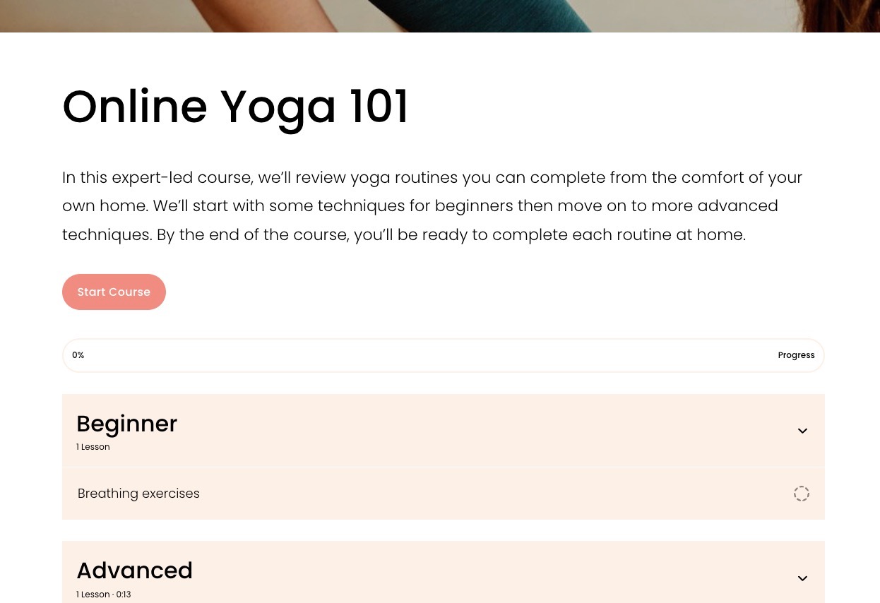 Yoga page on Squarespace