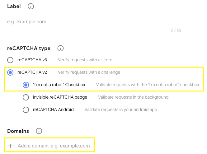 reCAPTCHA settings page