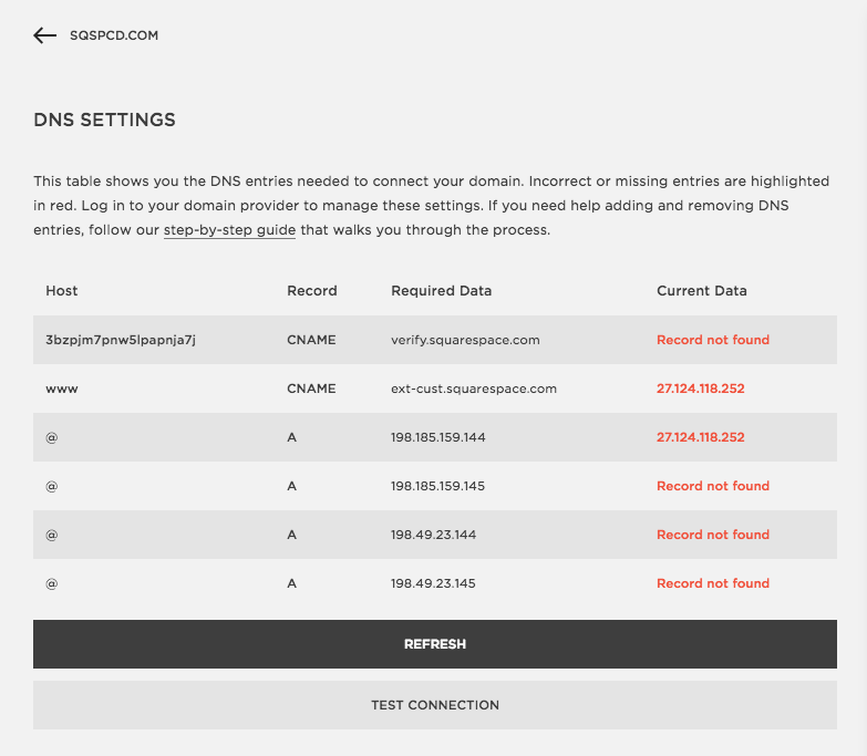 Squarespace DNS settings interface