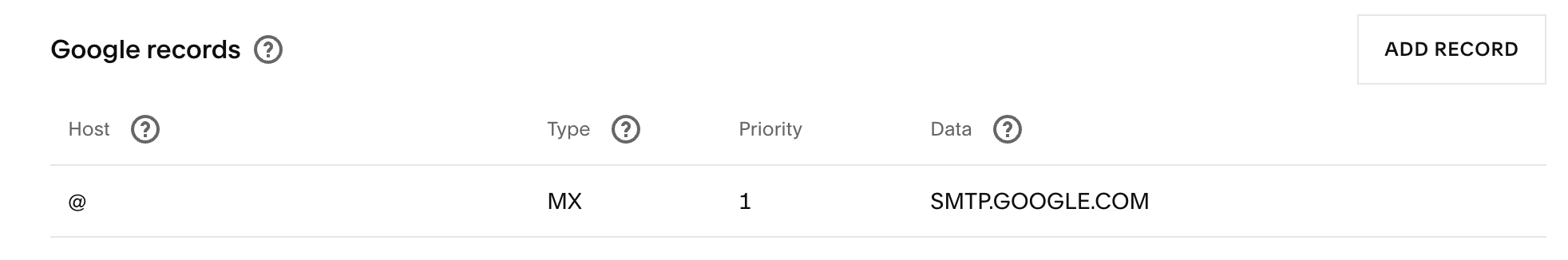 Google DNS settings in Domain Manager