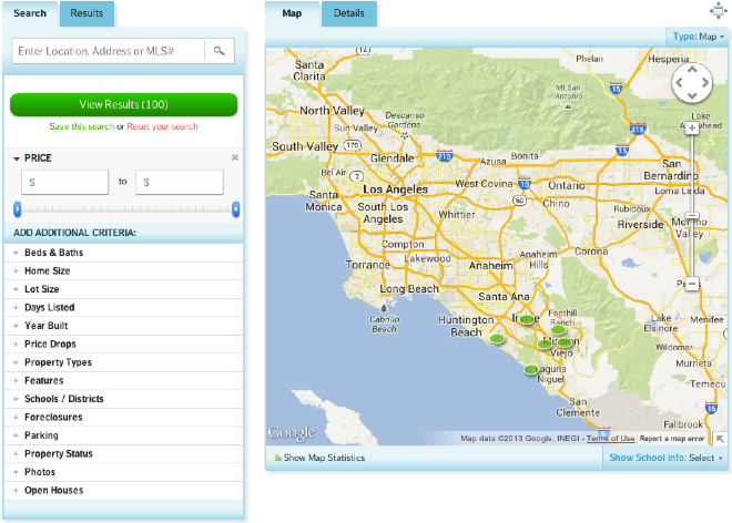 Map view of property listings