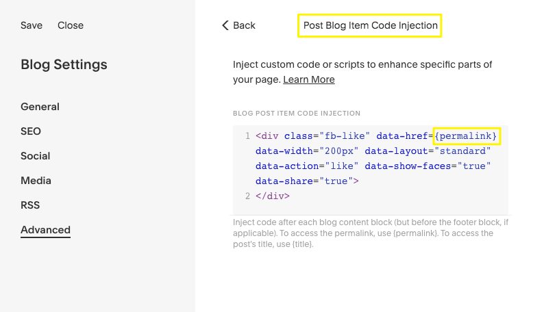 Squarespace blog settings code injection section