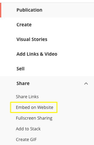 Embed website sharing dropdown menu