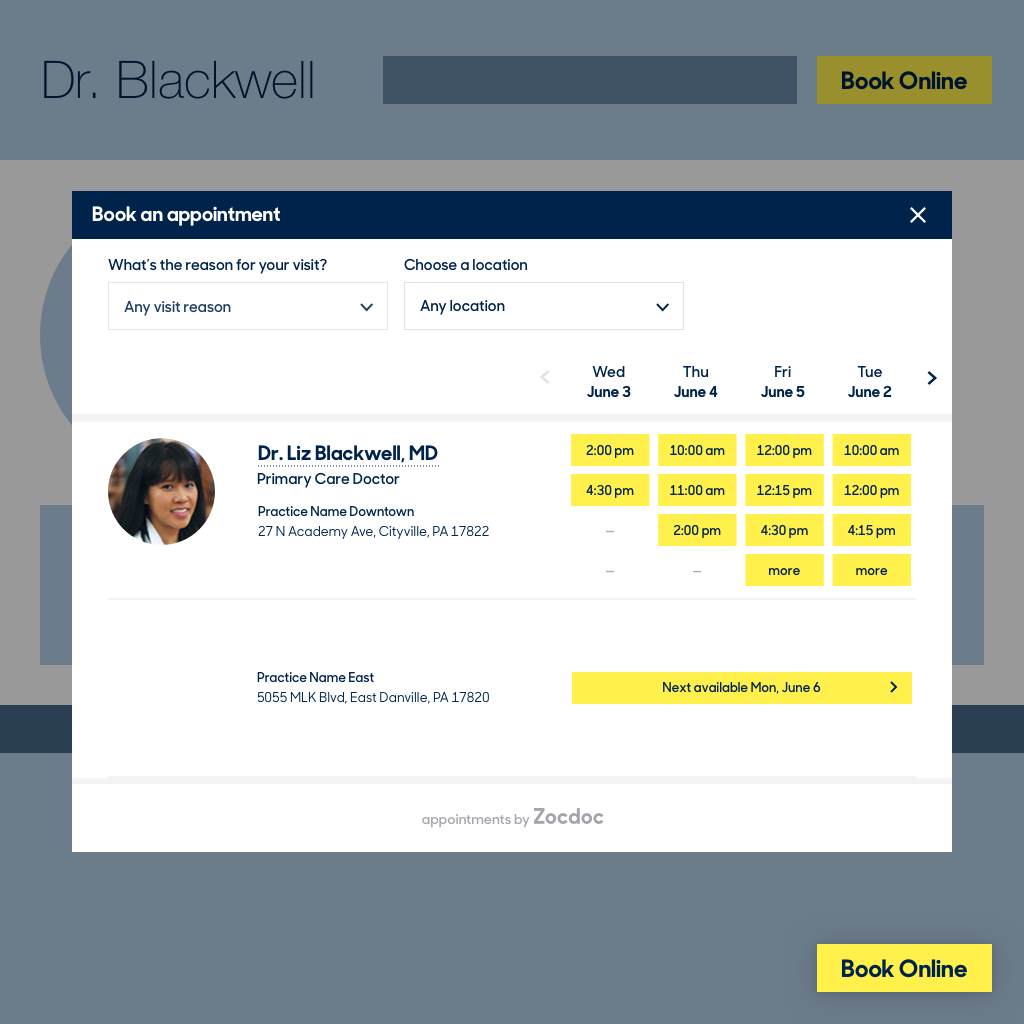 Appointment booking calendar interface