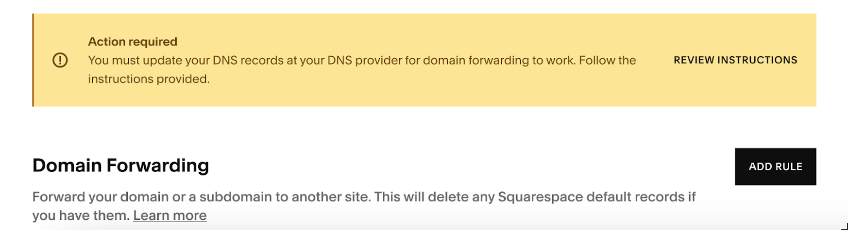 Yellow banner for Squarespace DNS