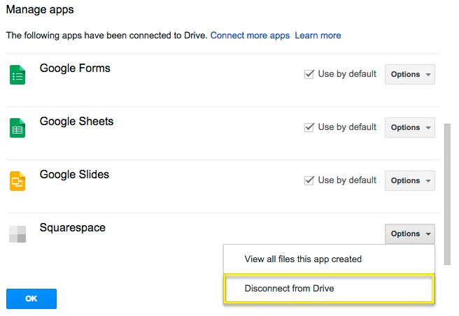 Google Drive app management screen