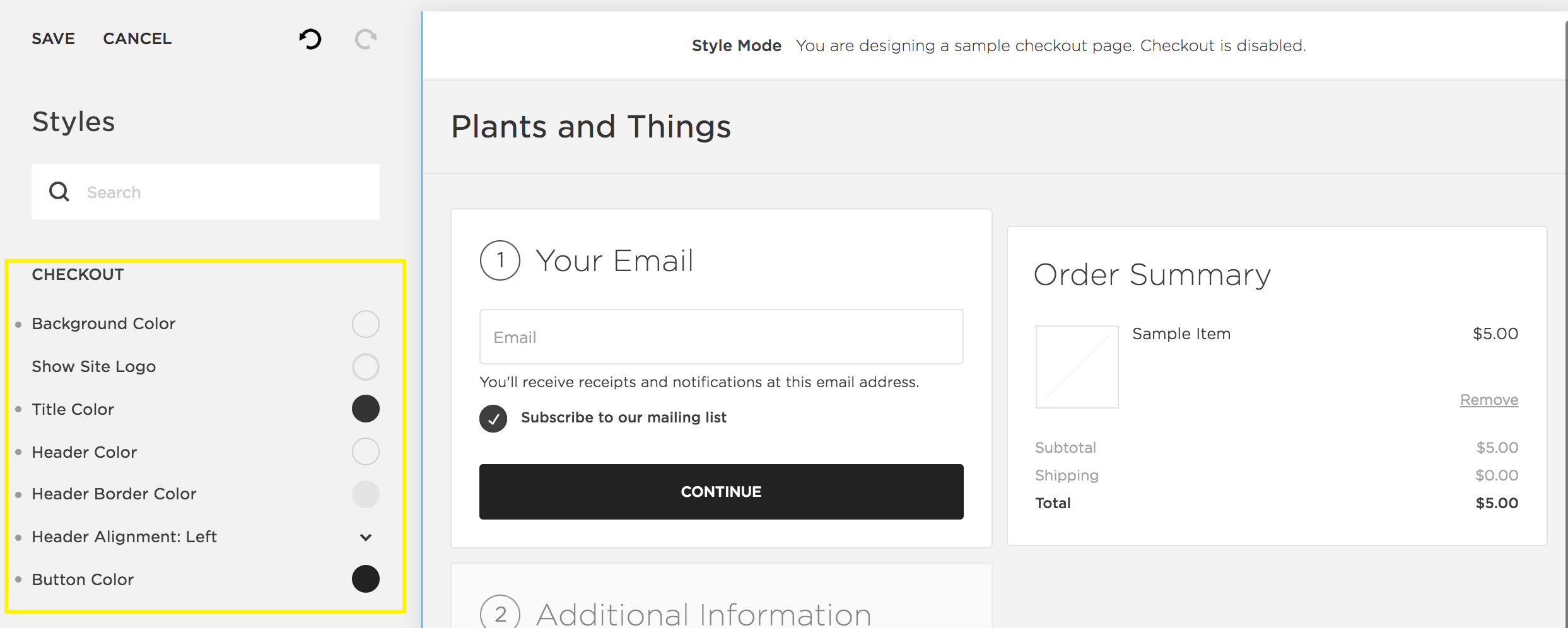 Screenshot of Squarespace design styles