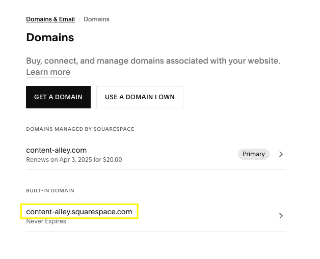 Domain settings in Squarespace interface