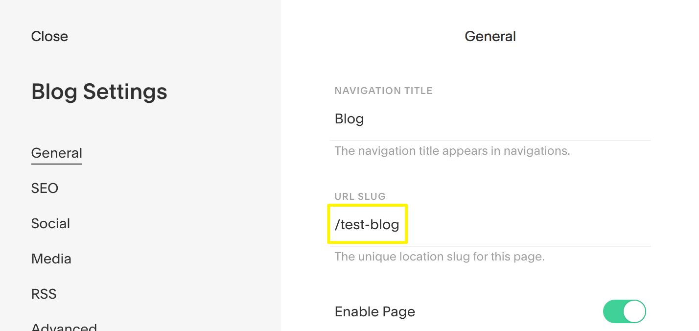 Blog settings interface in Squarespace