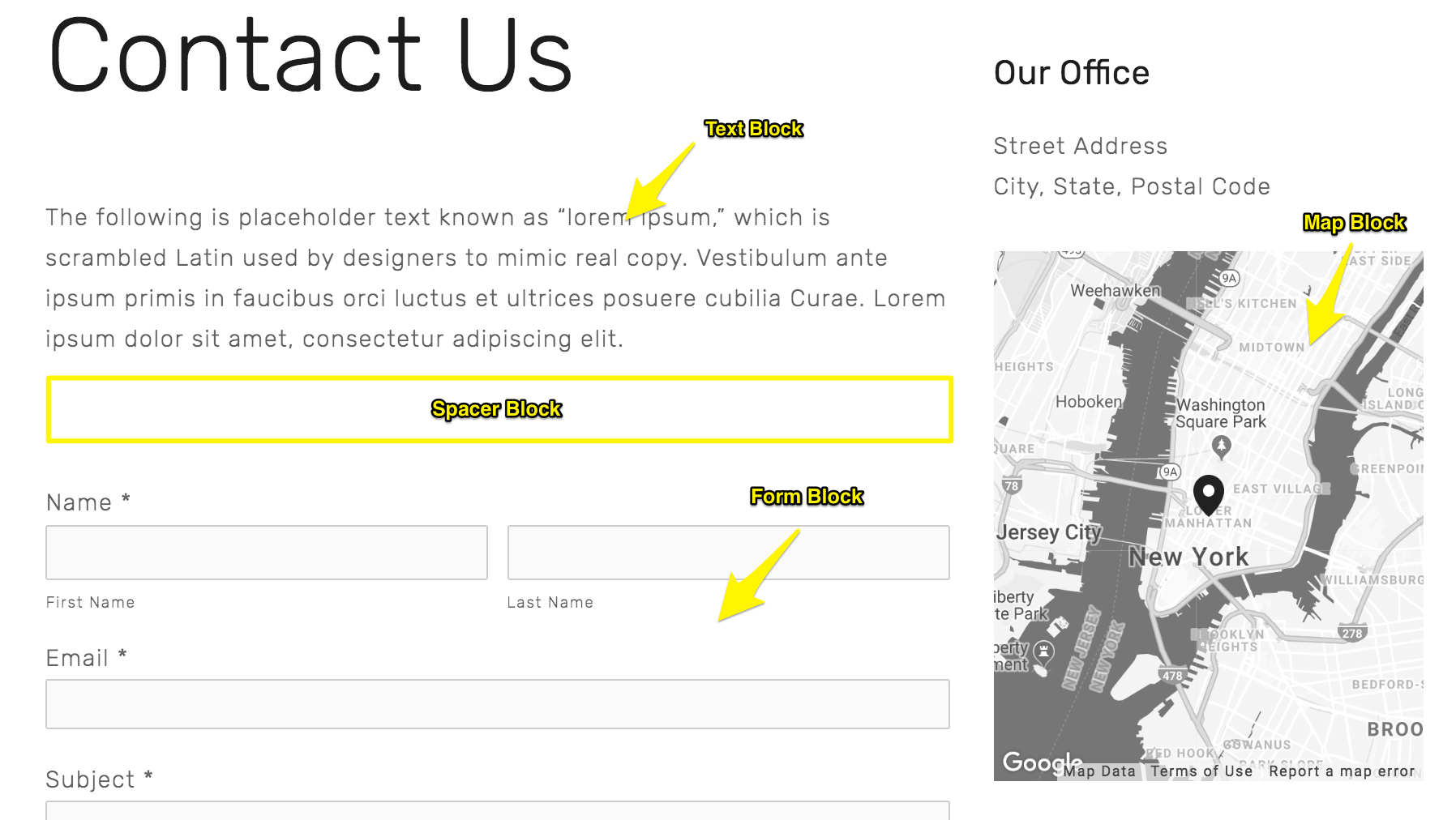 Example layout of the Contact Us page