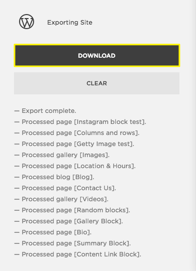 Screenshot of the export page