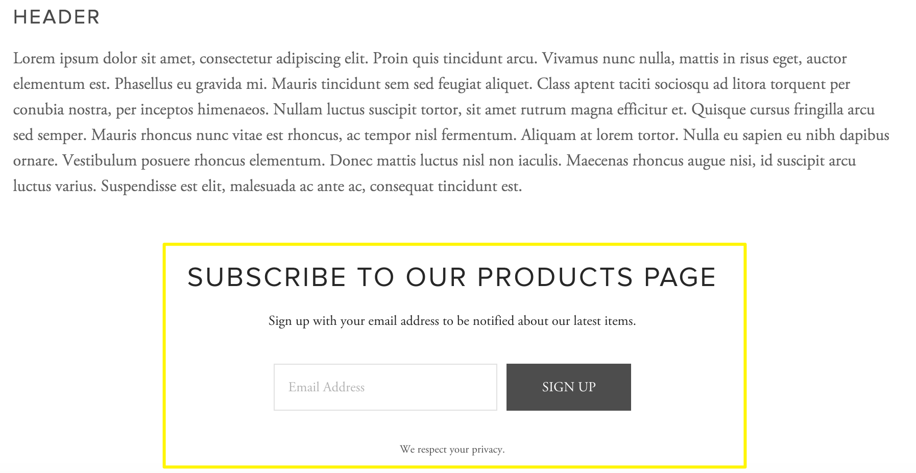 Email subscription form with yellow button