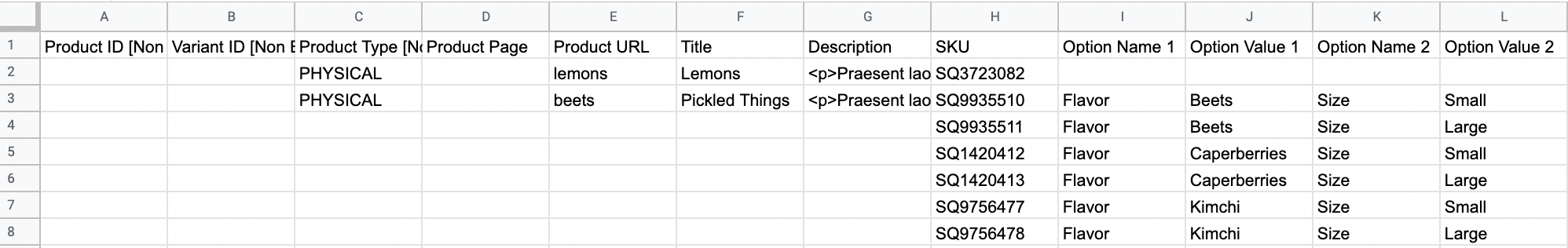 Product data table in Squarespace