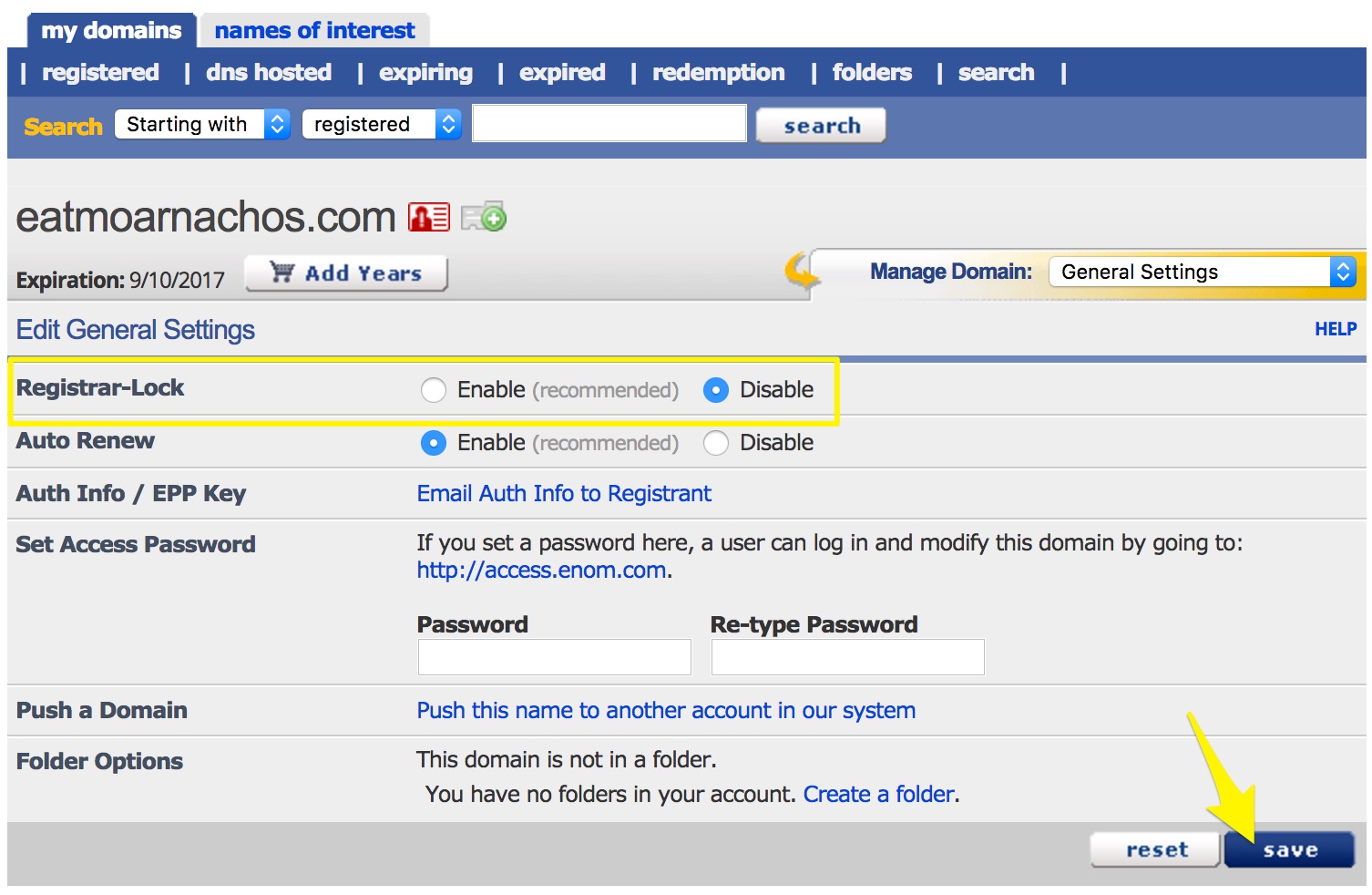 Registrar lock settings in dashboard