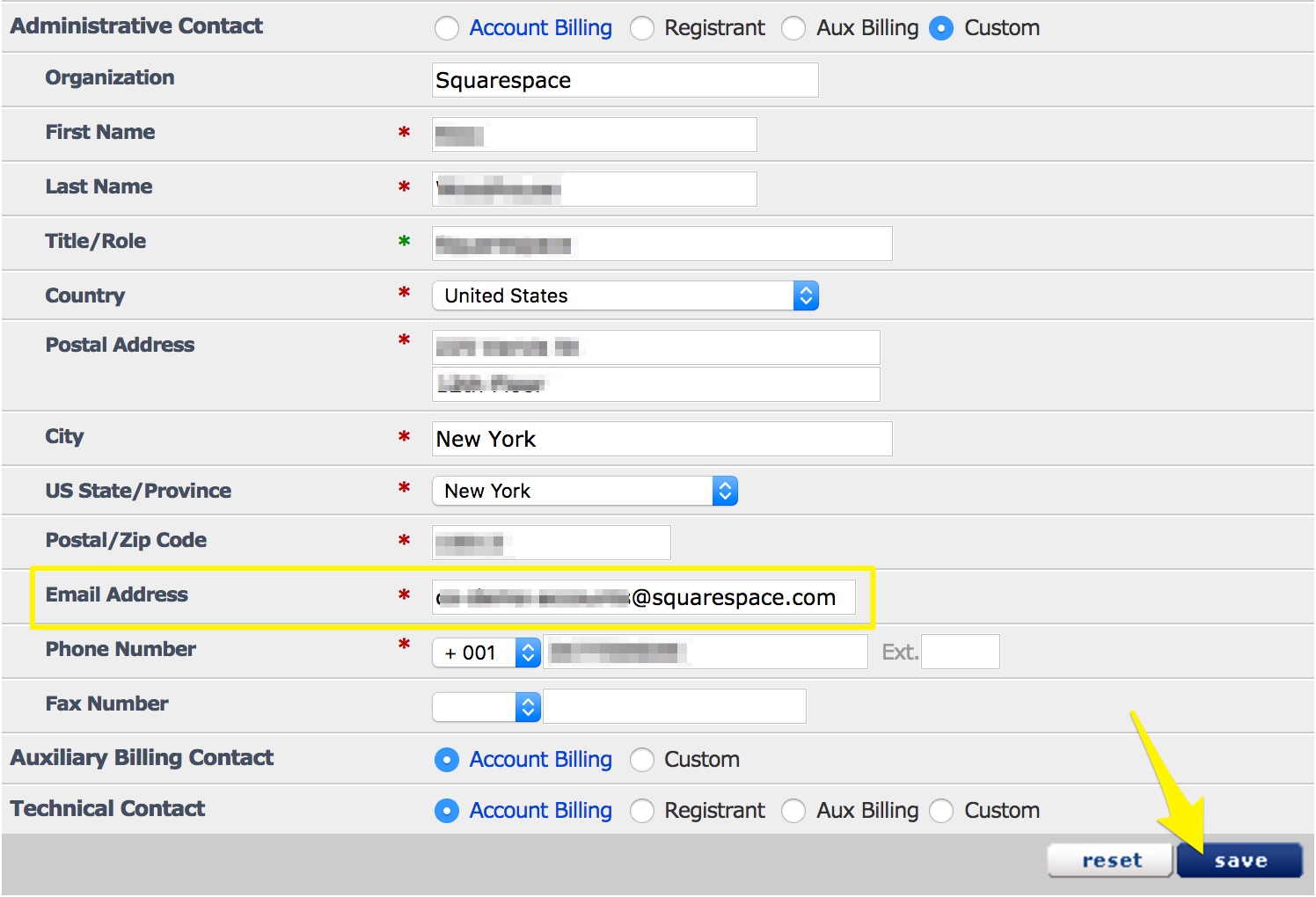 Squarespace billing contact form