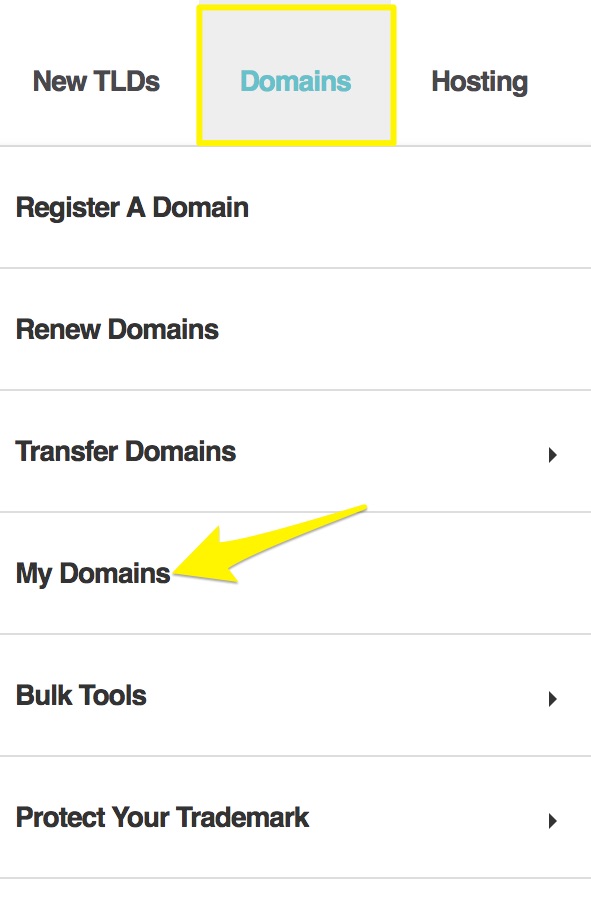 Yellow highlighted Domains navigation menu