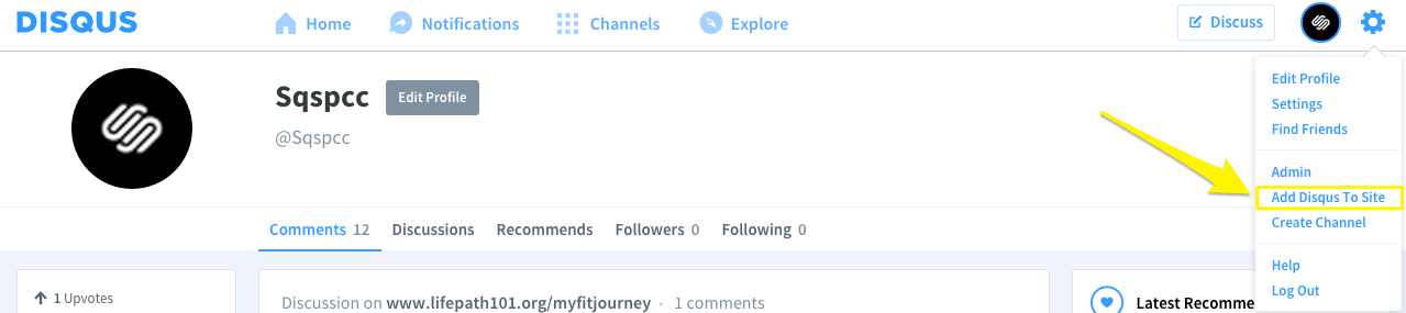 Arrow pointing to Disqus profile button